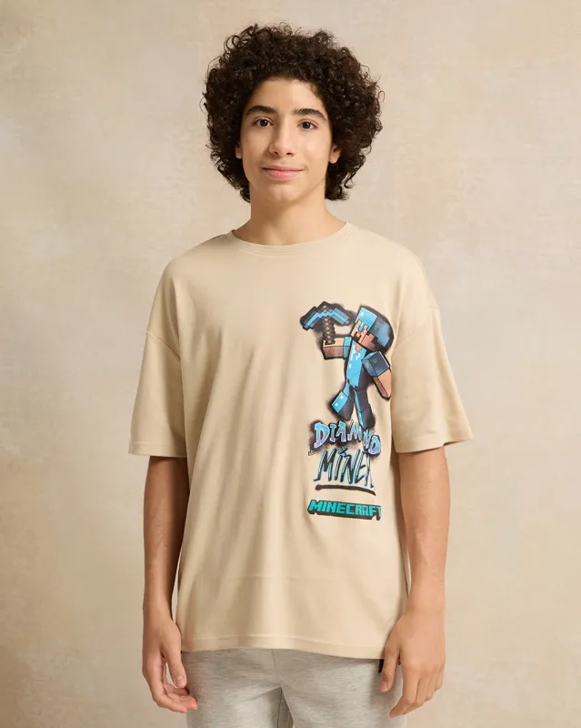 Senior Boys Beige Walking Oversize Minecraft T-Shirt sold by Redtag