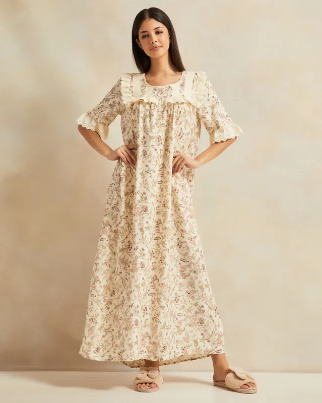 Women Beige Frill Lace Nightgown sold by Redtag