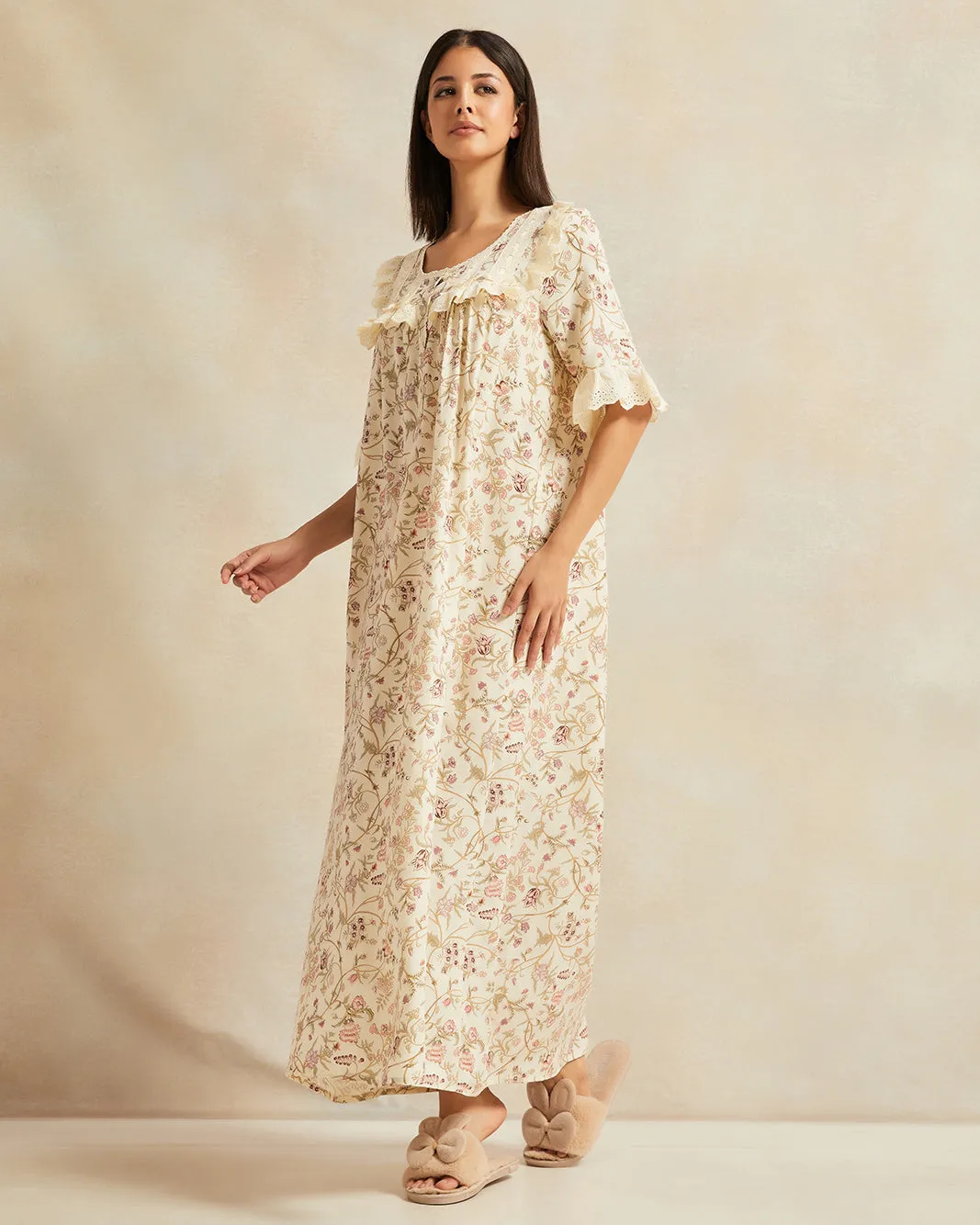 Women Beige Frill Lace Nightgown sold by Redtag product image thumbnail 4