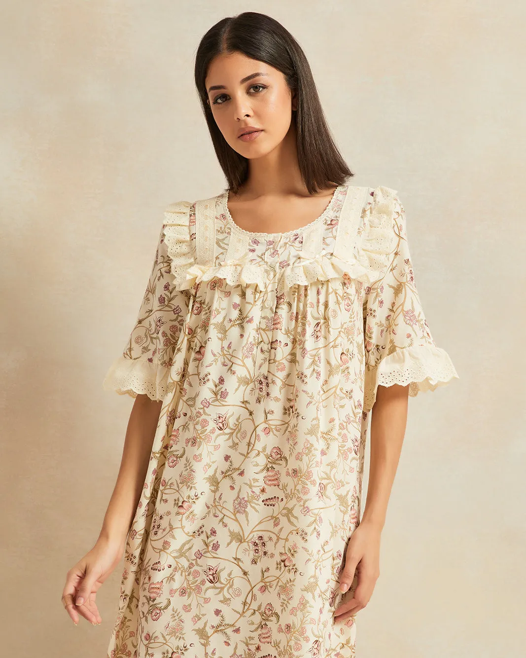 Women Beige Frill Lace Nightgown sold by Redtag product image thumbnail 2