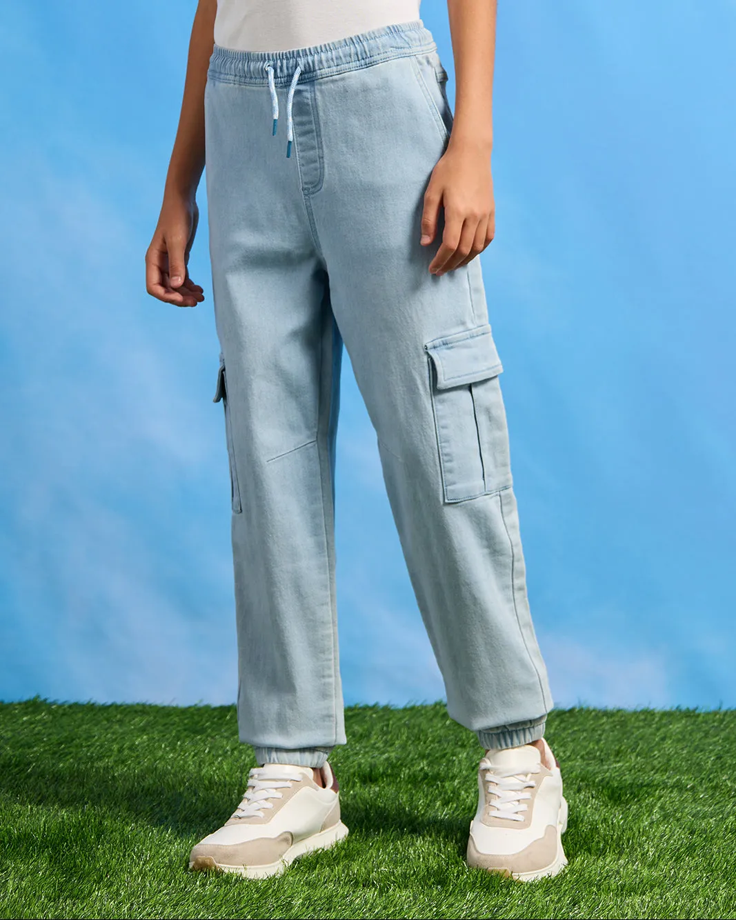 Senior Boys Blue Pull On Cargo Joggers sold by Redtag