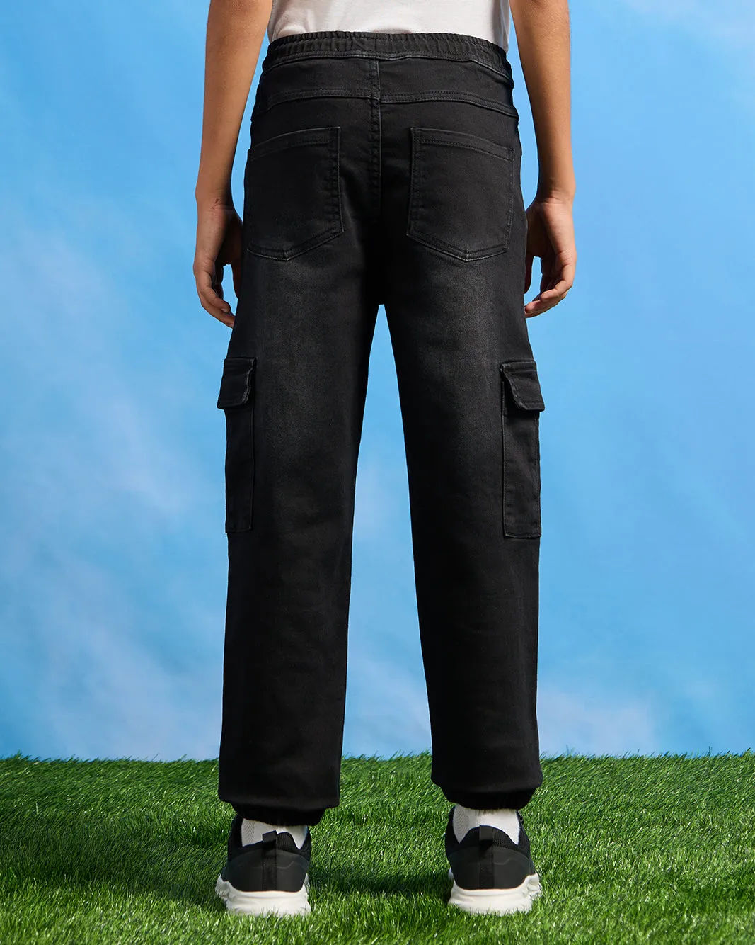 Senior Boys Black Pull On Cargo Joggers sold by Redtag product image thumbnail 3