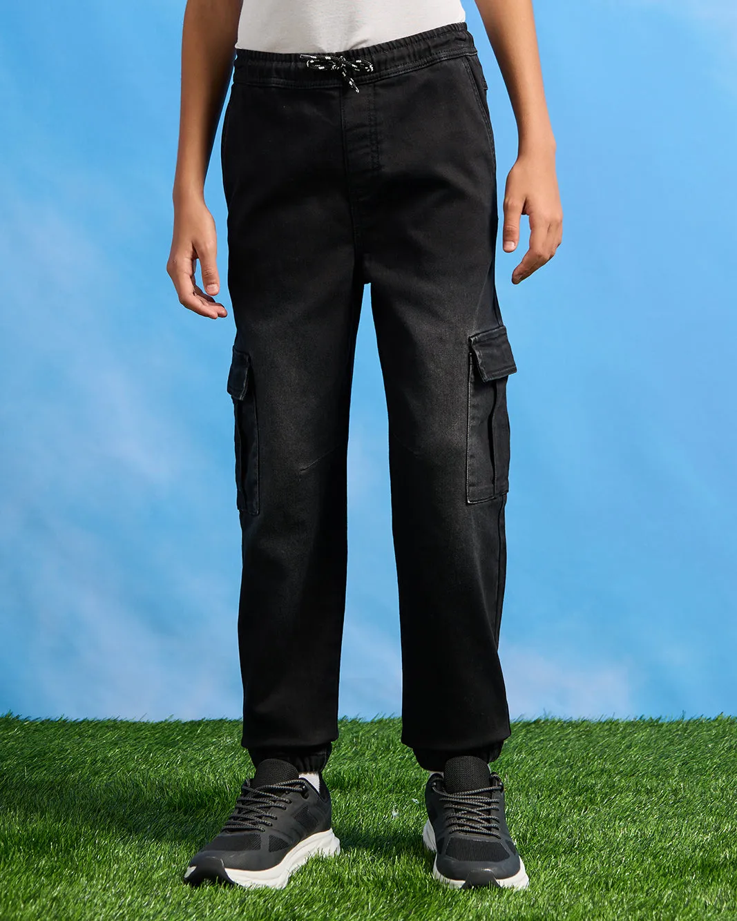Senior Boys Black Pull On Cargo Joggers sold by Redtag