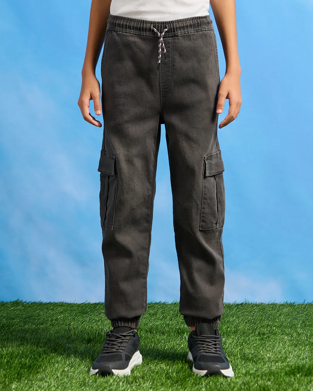 Senior Boys Grey Pull On Cargo Joggers sold by Redtag