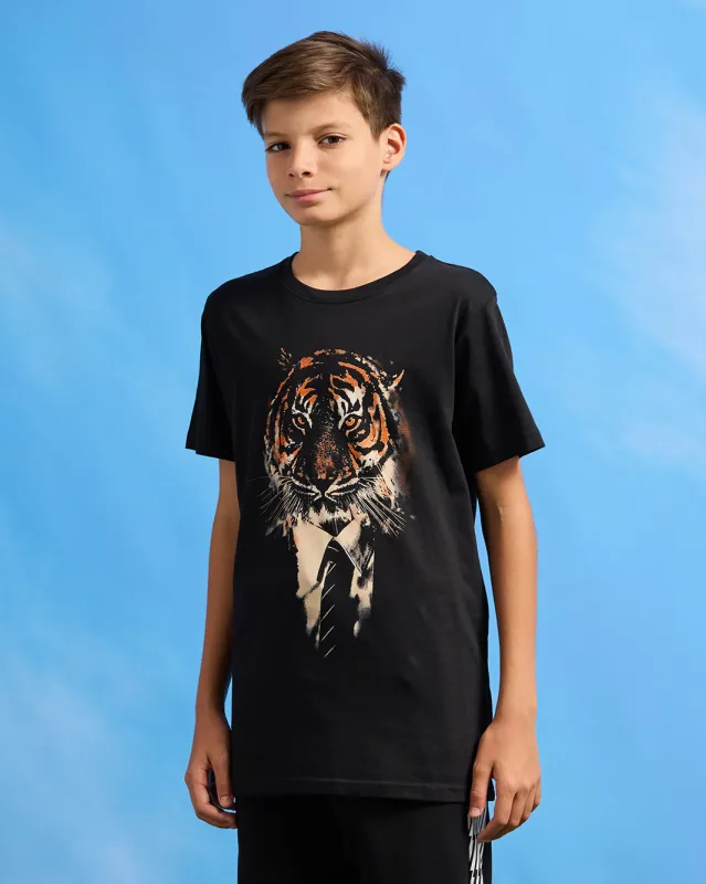 Senior Boys Black Tiger Suit  Graphic T-Shirt sold by Redtag