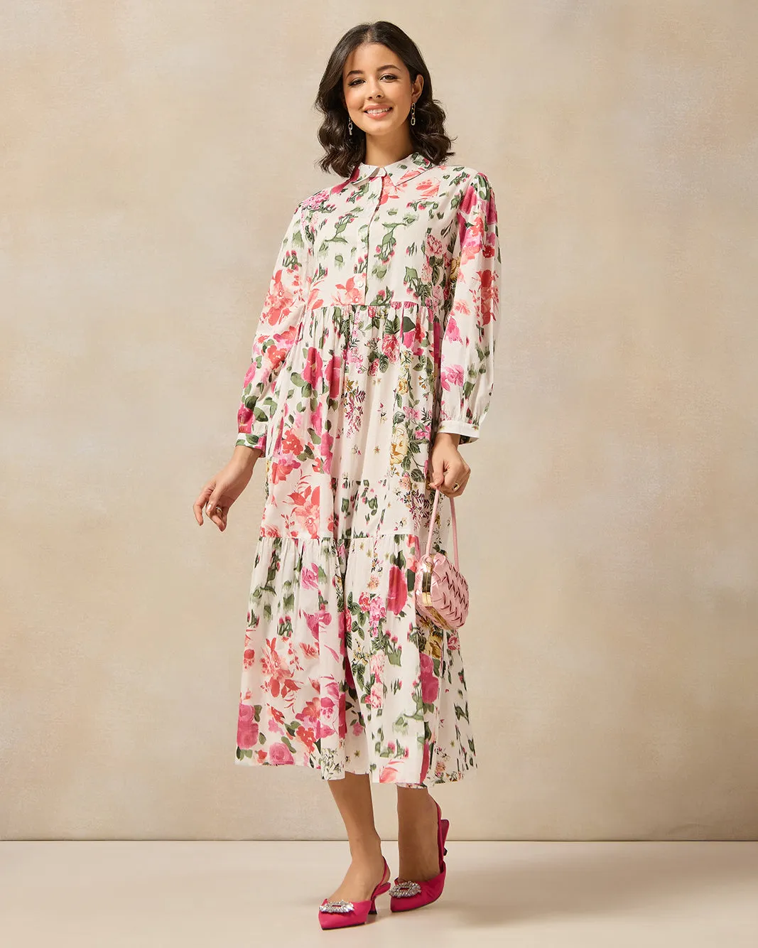 Women Ivory Floral Printed Tiered Dress sold by Redtag