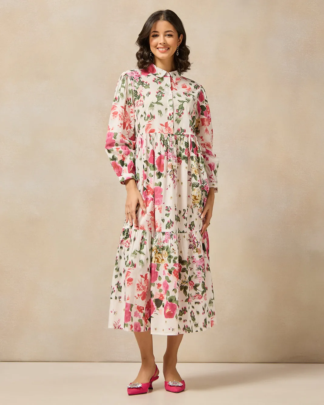 Women Ivory Floral Printed Tiered Dress sold by Redtag product image thumbnail 4