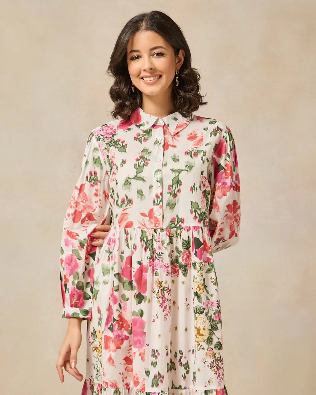 Women Ivory Floral Printed Tiered Dress sold by Redtag product image thumbnail 2