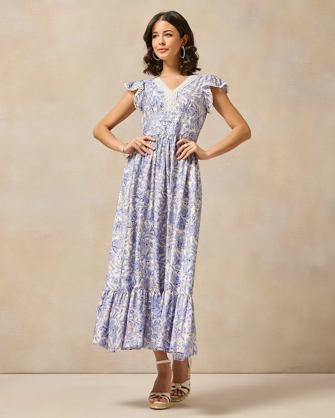 Women Blue And White Floral Printed Dress sold by Redtag
