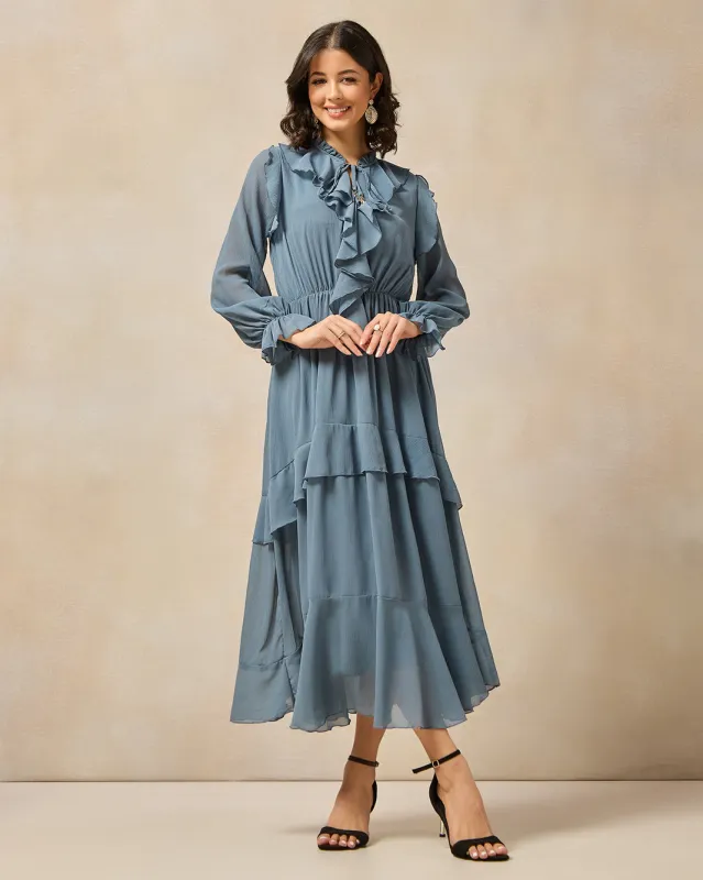 Women Blue Ruffle Embellished Dress sold by Redtag