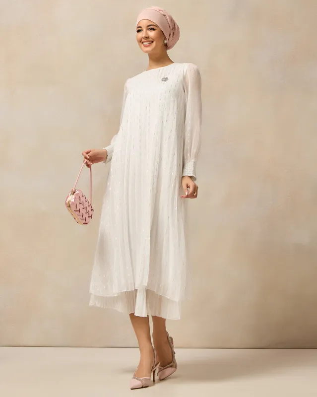 Women White Embellished Lurex Pleat Dress sold by Redtag