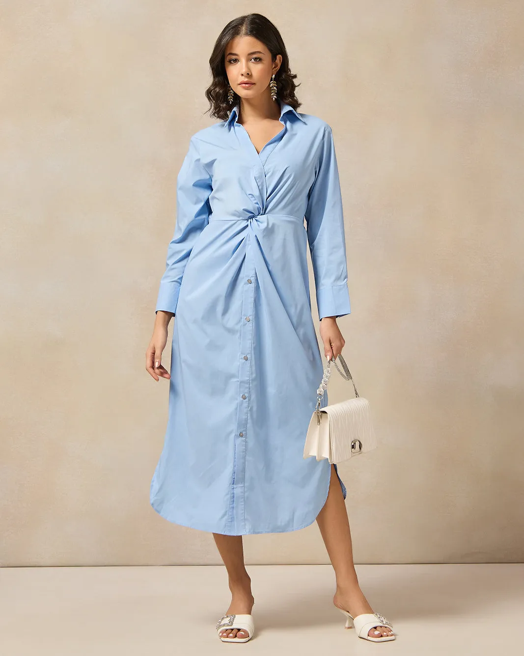 Women Blue Front Twist Detailed Button Down Shirt Dress sold by Redtag