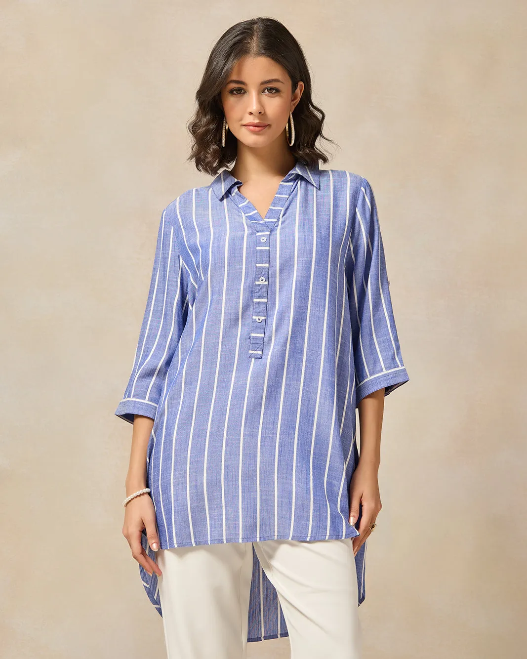 Women Blue Striped Long Tunic sold by Redtag