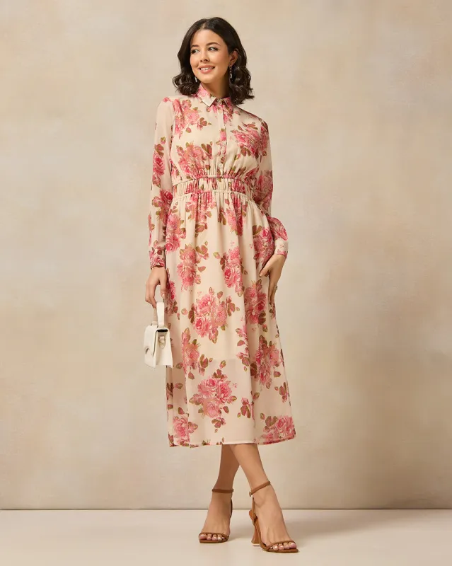 Women Beige Floral Dress sold by Redtag