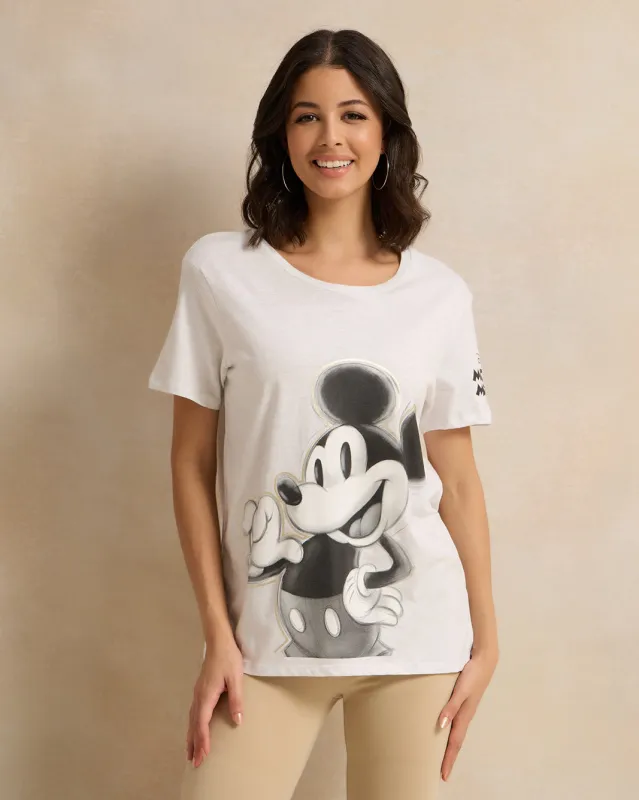 Women Ecru Mickey Mouse Printed T-Shirt sold by Redtag
