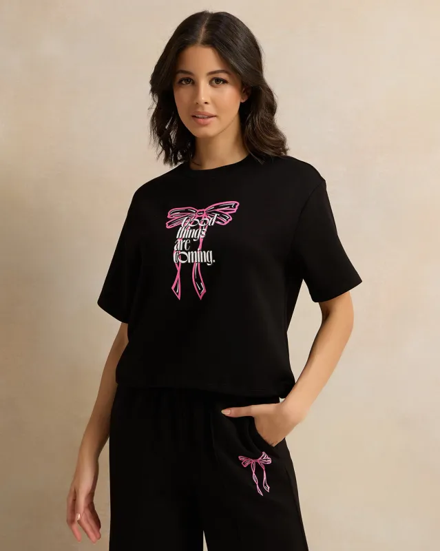 Women Black Printed Active T-Shirt sold by Redtag