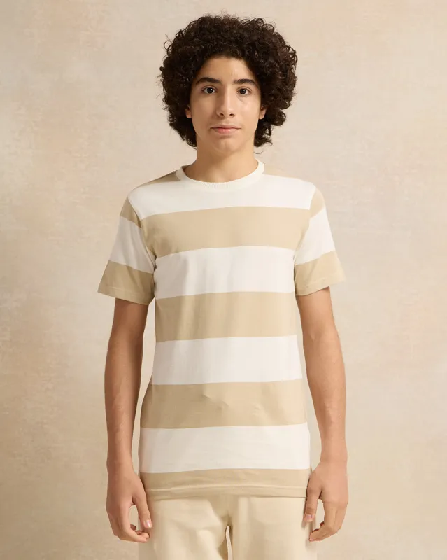 Senior Boys Beige Striped T-Shirt sold by Redtag