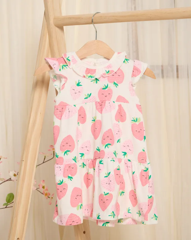 Infant Girls White Strawberry Print Dress sold by Redtag