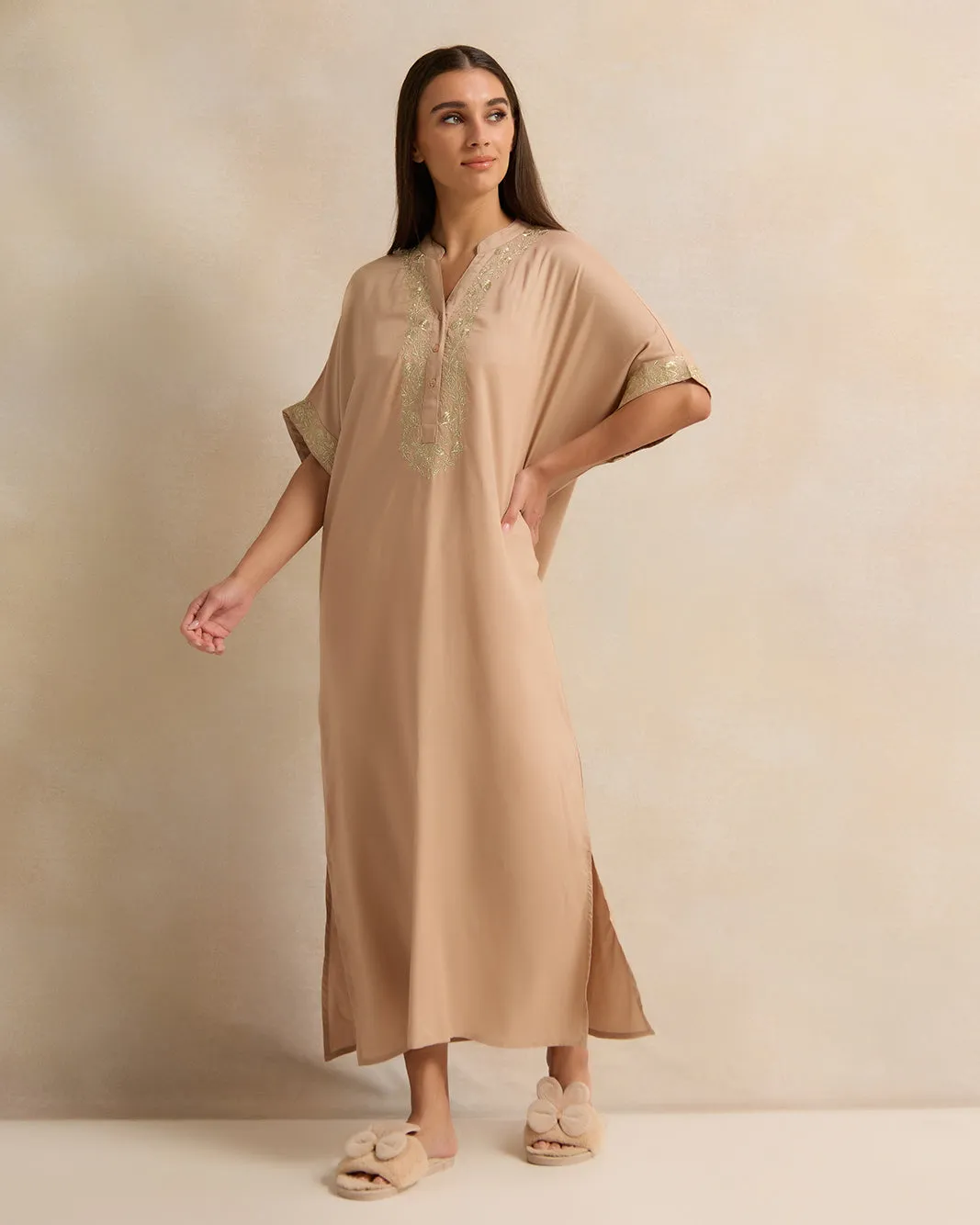 Women Beige Embroidery Kaftan Nightgown sold by Redtag
