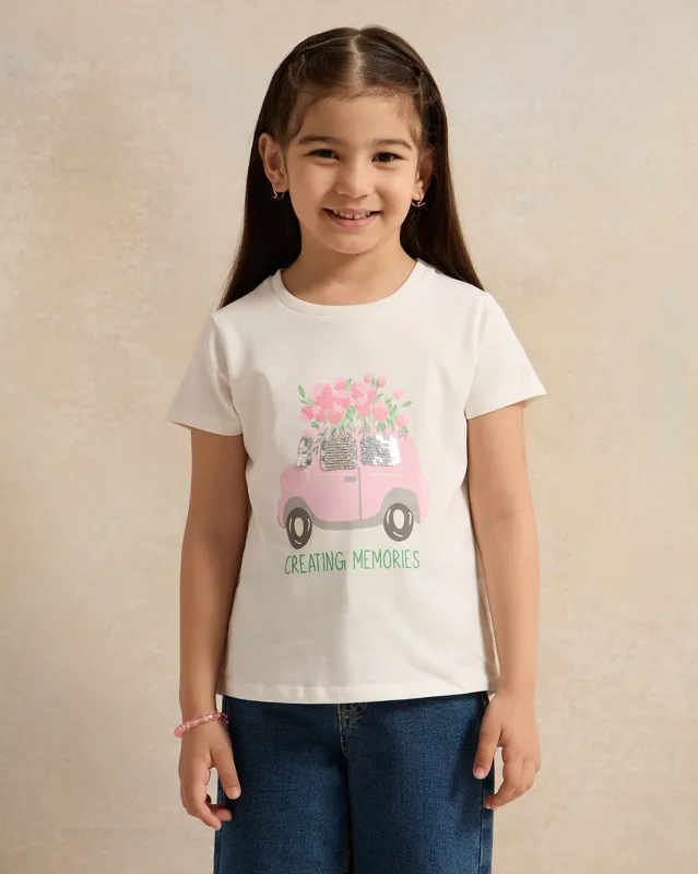 Girls White Car Print With Giltter Casual T-Shirt sold by Redtag