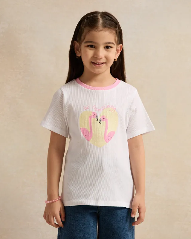 Girls White Flamingo Print T-Shirt sold by Redtag
