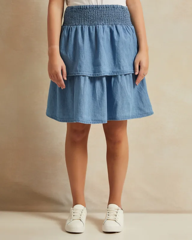 Senior Girls Blue Denim Tiered Skirt sold by Redtag