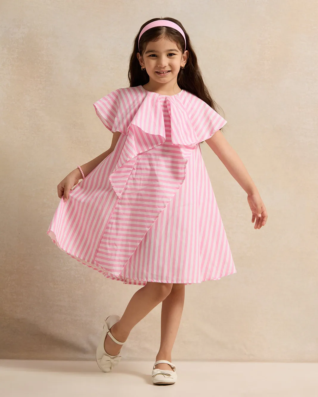 Girls White And Pink Stripes Dress With Ruffle Sleeve sold by Redtag