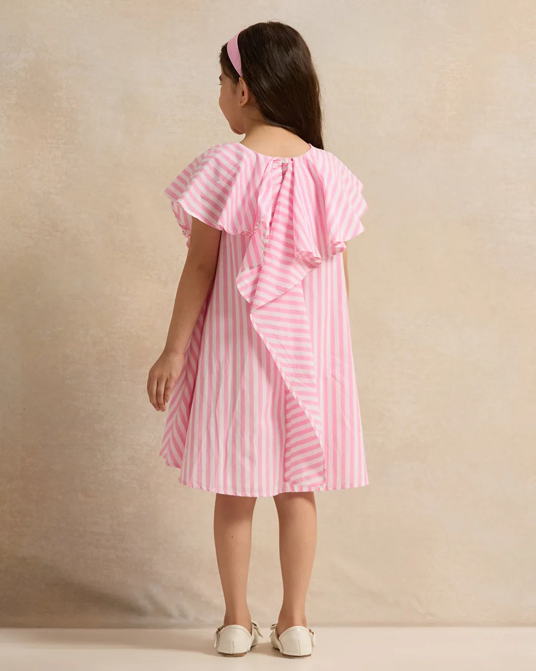Girls White And Pink Stripes Dress With Ruffle Sleeve sold by Redtag product image thumbnail 3