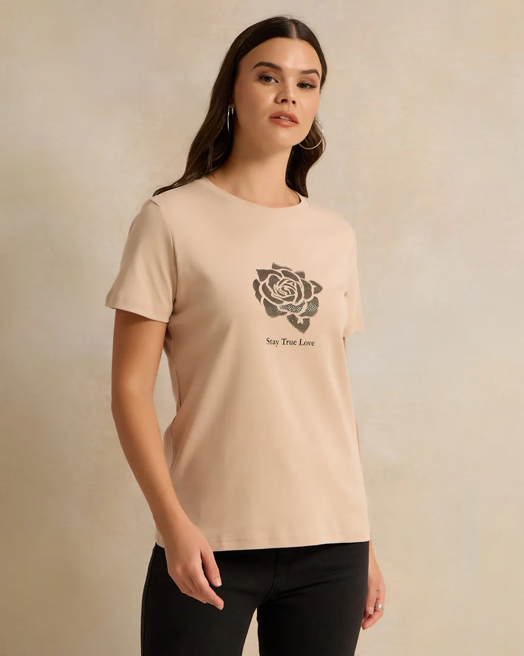 Women Beige Embellished T-Shirt sold by Redtag