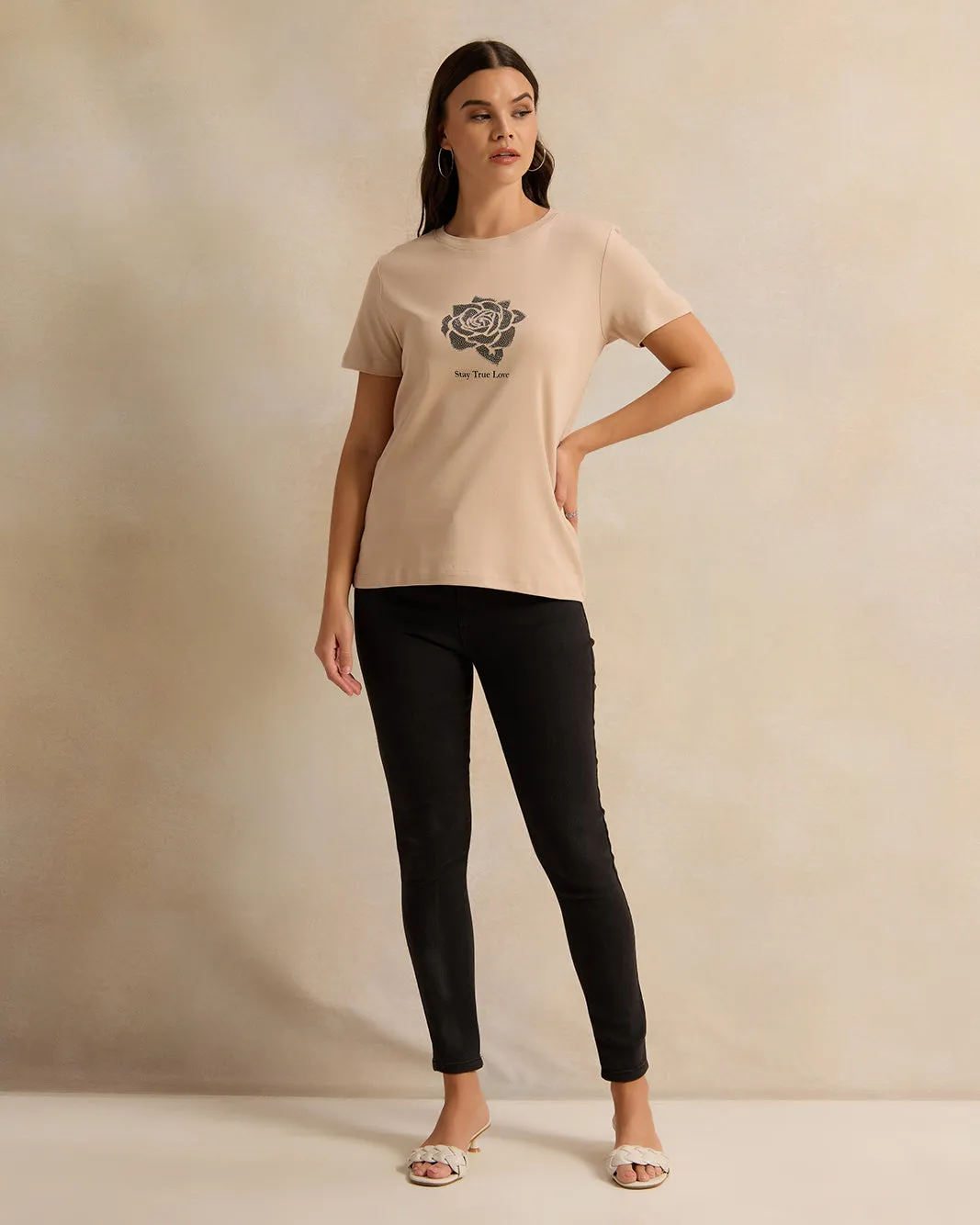 Women Beige Embellished T-Shirt sold by Redtag product image thumbnail 2