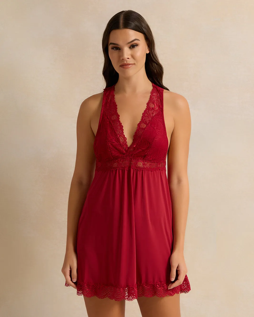 Women Red Lace Embellished Chemise sold by Redtag