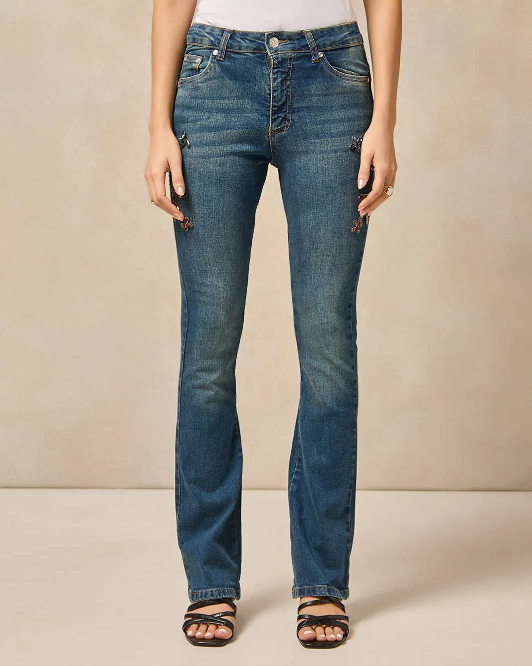 Women Blue Embellished With Rhinestones Flared Jeans sold by Redtag