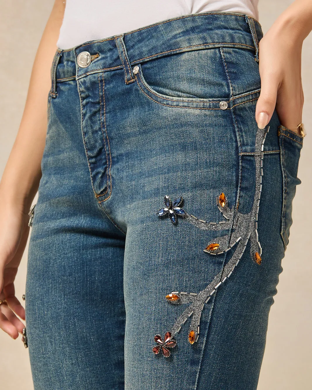 Women Blue Embellished With Rhinestones Flared Jeans sold by Redtag product image thumbnail 4