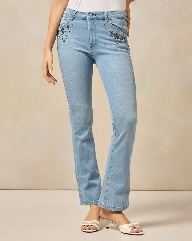 Women Blue Embellished With Rhinestones Flared Jeans sold by Redtag