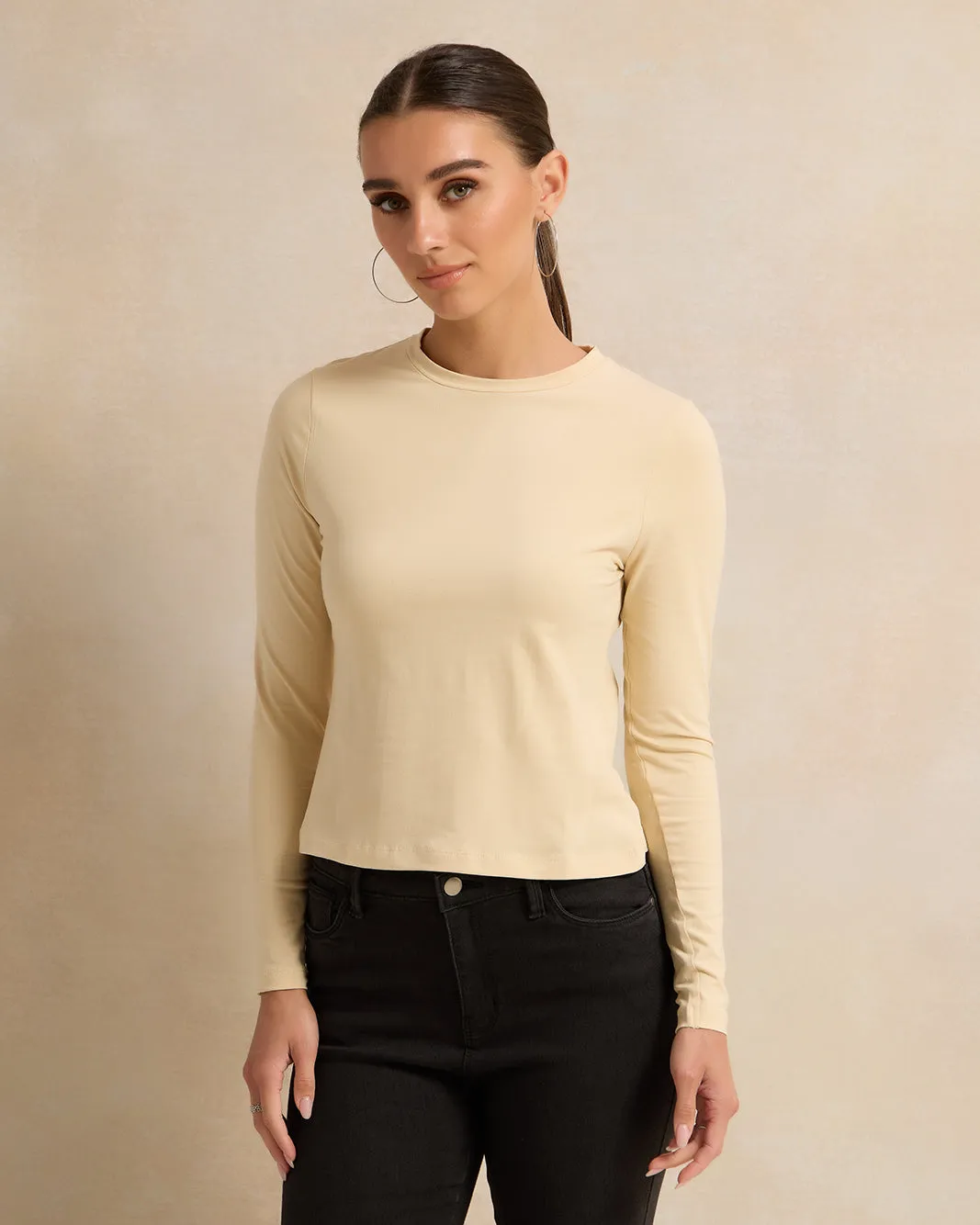Women Cream Crew Neck Basic T-Shirt sold by Redtag