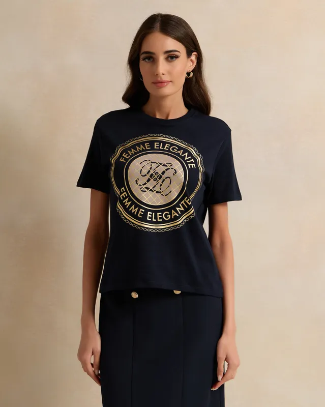 Women Black Embellished With Front Prints And Shoulder Buttons Detail T-Shirt sold by Redtag