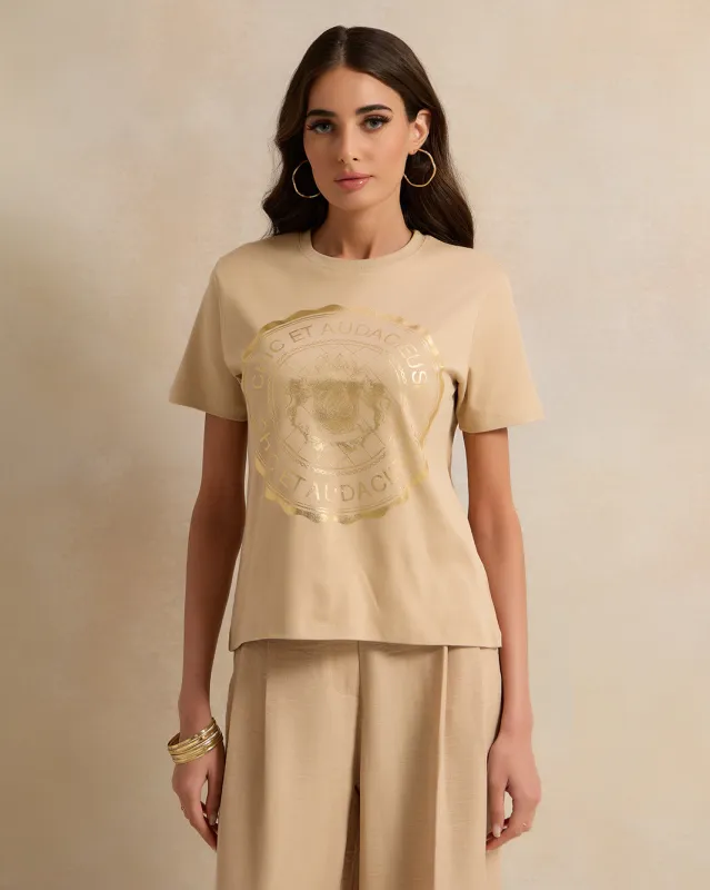 Women Beige Embellished With Front Prints And Shoulder Buttons T-Shirt sold by Redtag