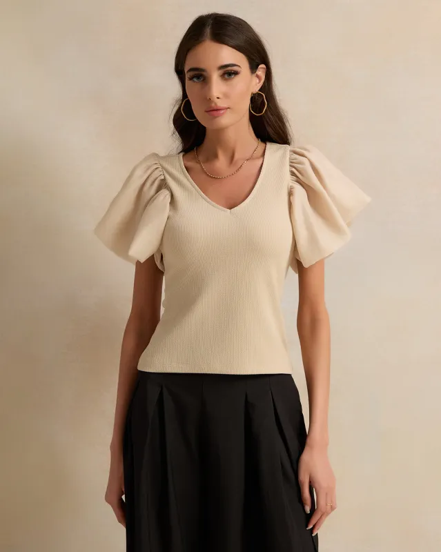 Women Beige Solid Puff Short Sleeve Top sold by Redtag