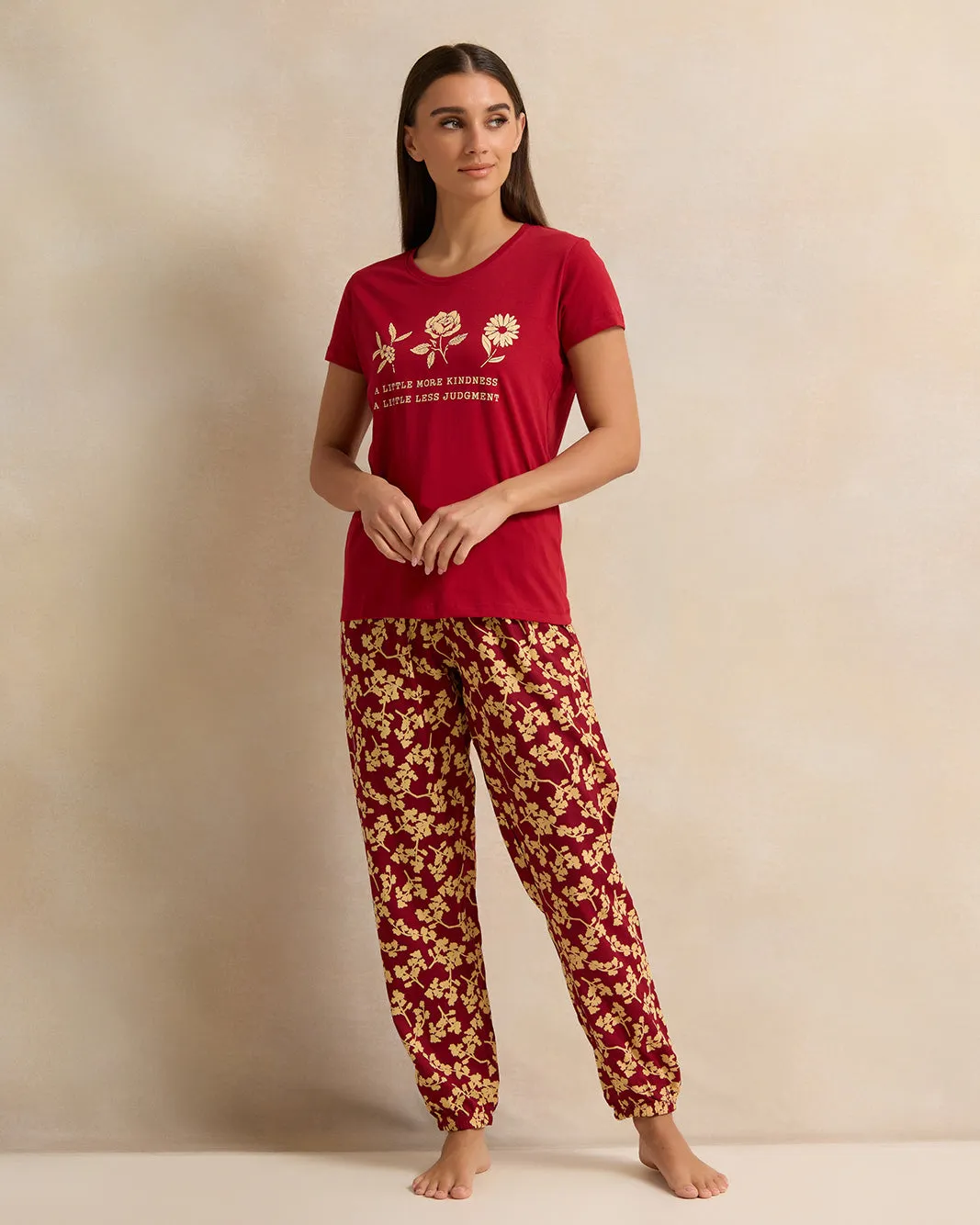 Women Red Floral Printed Pyjama Set (2 Piece) sold by Redtag