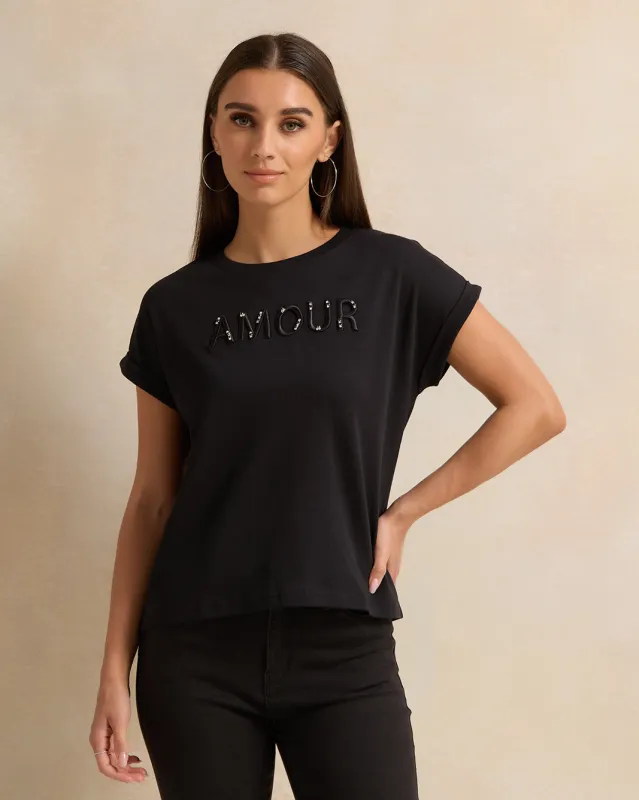 Women Black Embellished T-Shirt sold by Redtag