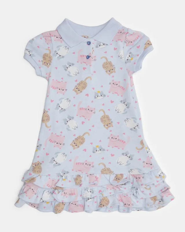 Infant Girls Blue Printed Collared Dress sold by Redtag