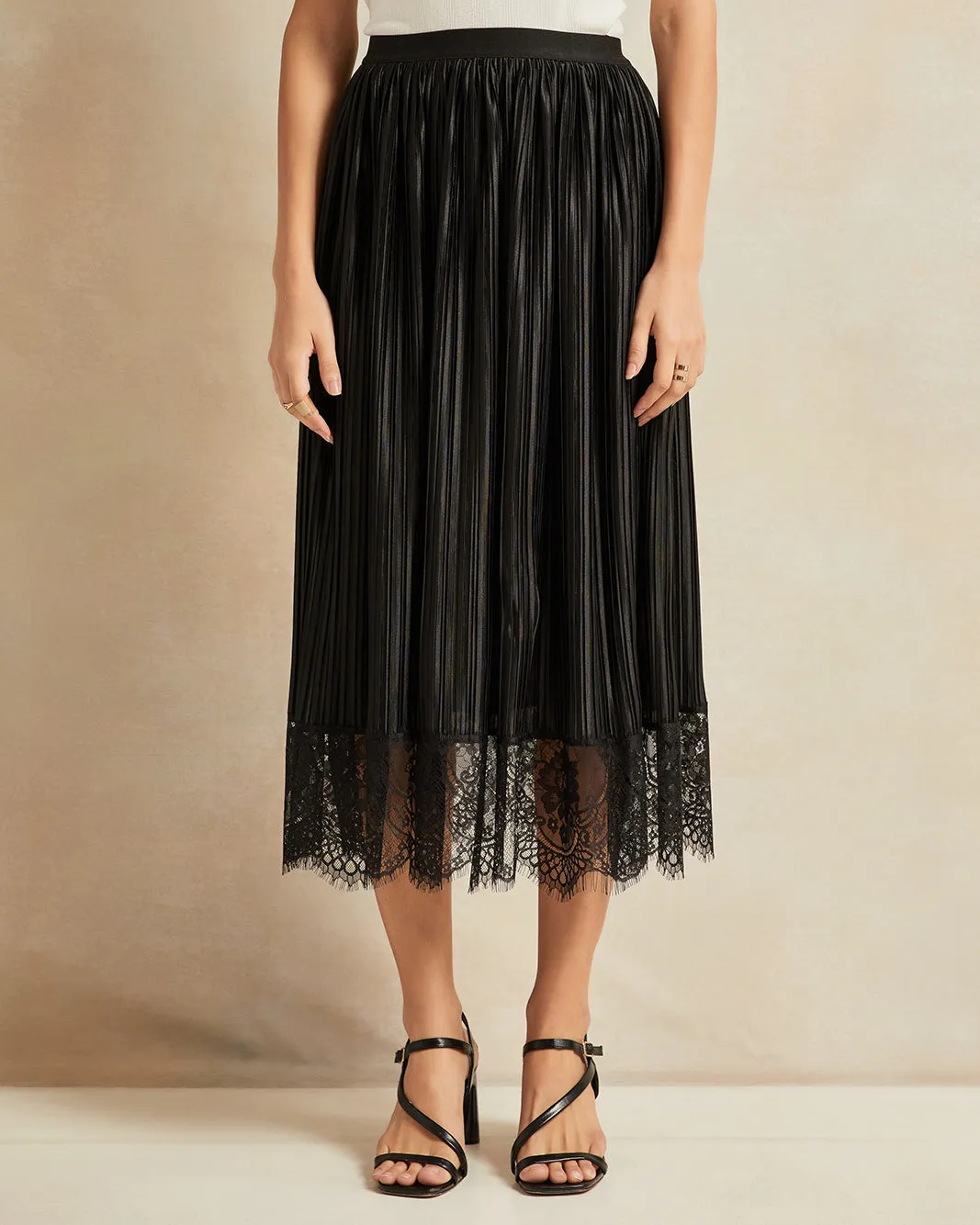 Women Black Pleated Lace Skirt sold by Redtag