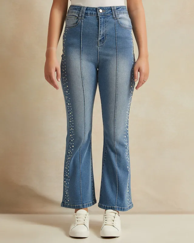 Senior Girls Blue Flared Jeans With Pearls sold by Redtag