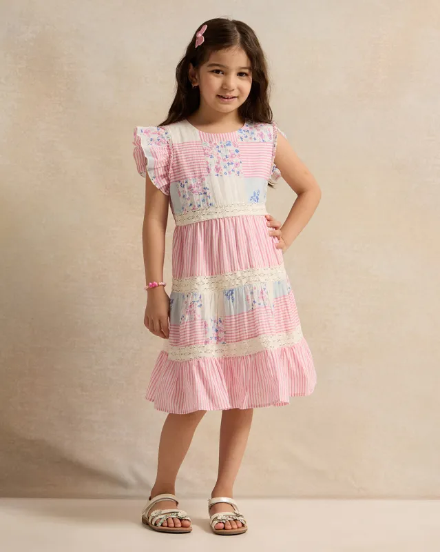 Girls Pink Print Woven Dress With Lace Details sold by Redtag