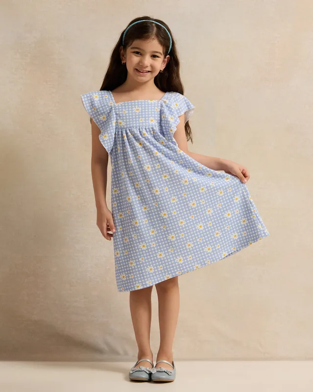 Girls Blue Printed Dress sold by Redtag