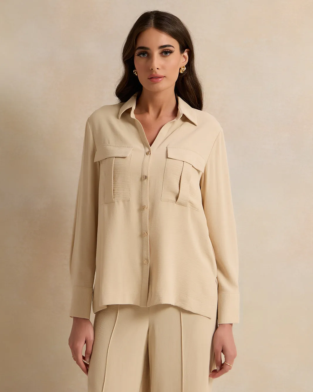 Women Beige Front Buttons Blouse sold by Redtag