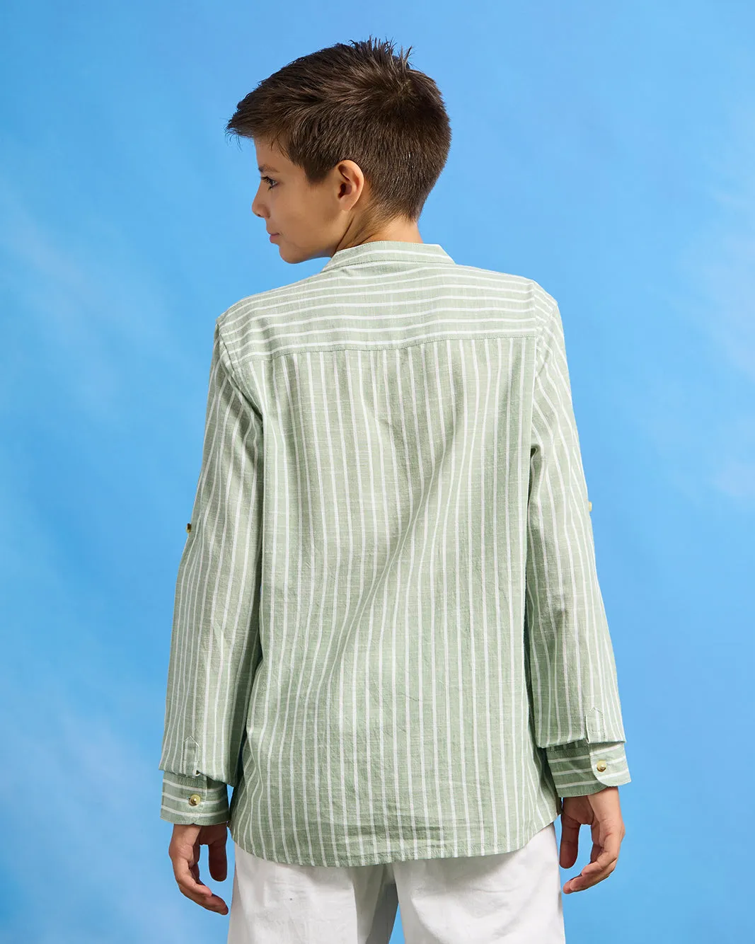 Senior Boys Green Striped Mandarin Casual Shirt sold by Redtag product image thumbnail 3