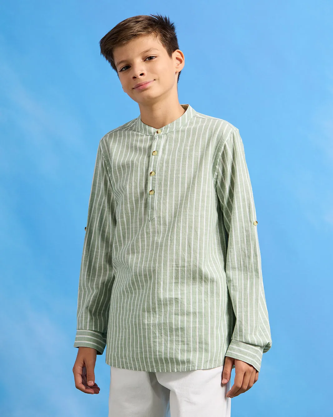 Senior Boys Green Striped Mandarin Casual Shirt sold by Redtag