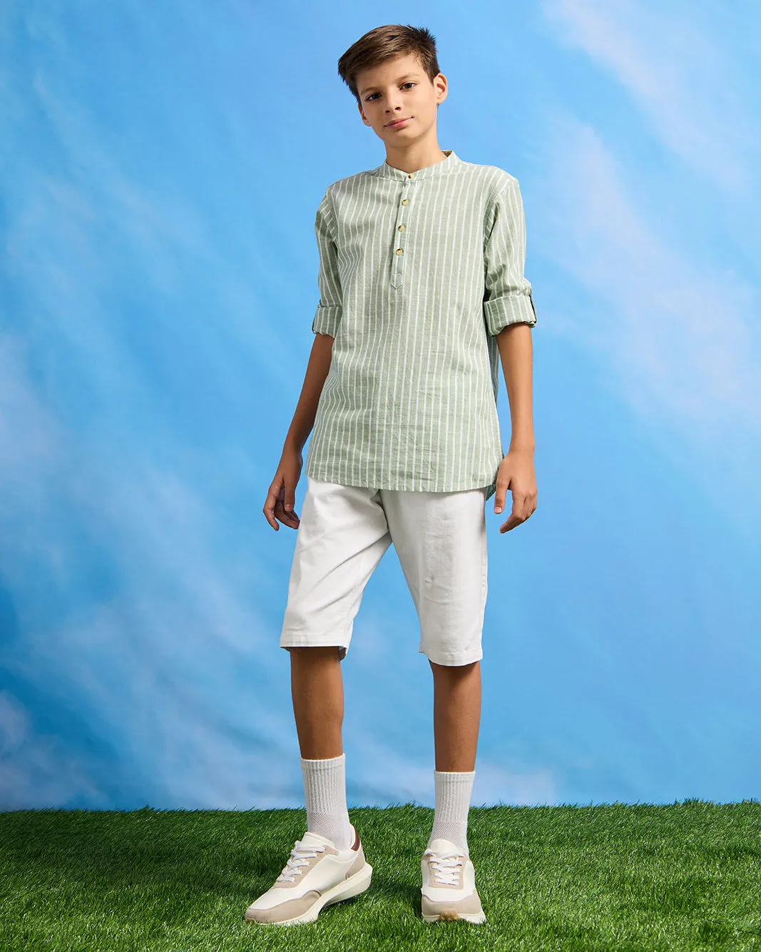 Senior Boys Green Striped Mandarin Casual Shirt sold by Redtag product image thumbnail 2