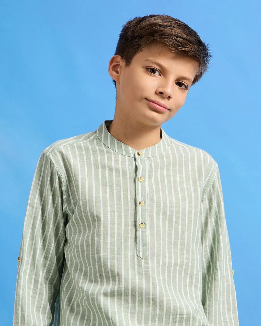Senior Boys Green Striped Mandarin Casual Shirt sold by Redtag product image thumbnail 4
